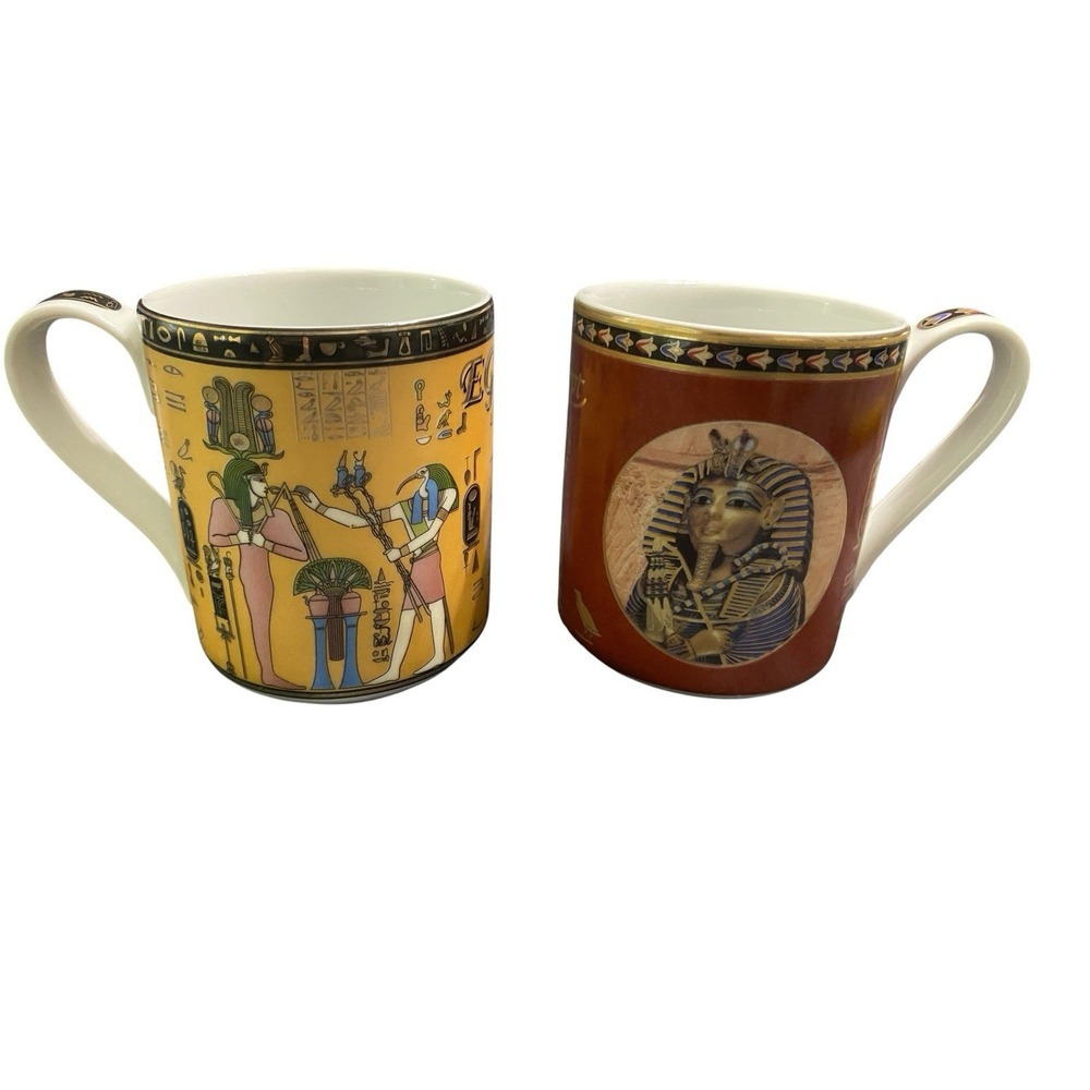 Vintage Fathy Mahmoud Egyptian Porcelain Mugs Pair King Tut Hieroglyphics Gold